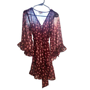 Gianni Bini Maroon Floral Ruffle Sleeve Dress with Tie - Small